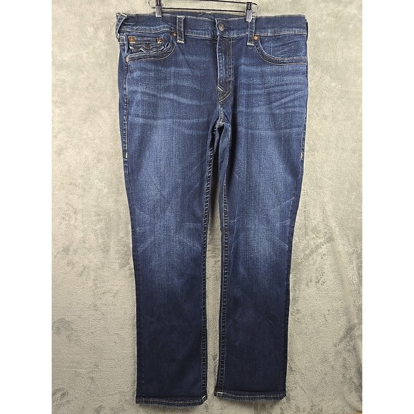True Religion Jeans Men 40x33 Blue Ricky Relaxed Straight Flap Pocket Whiskering - Picture 1 of 11